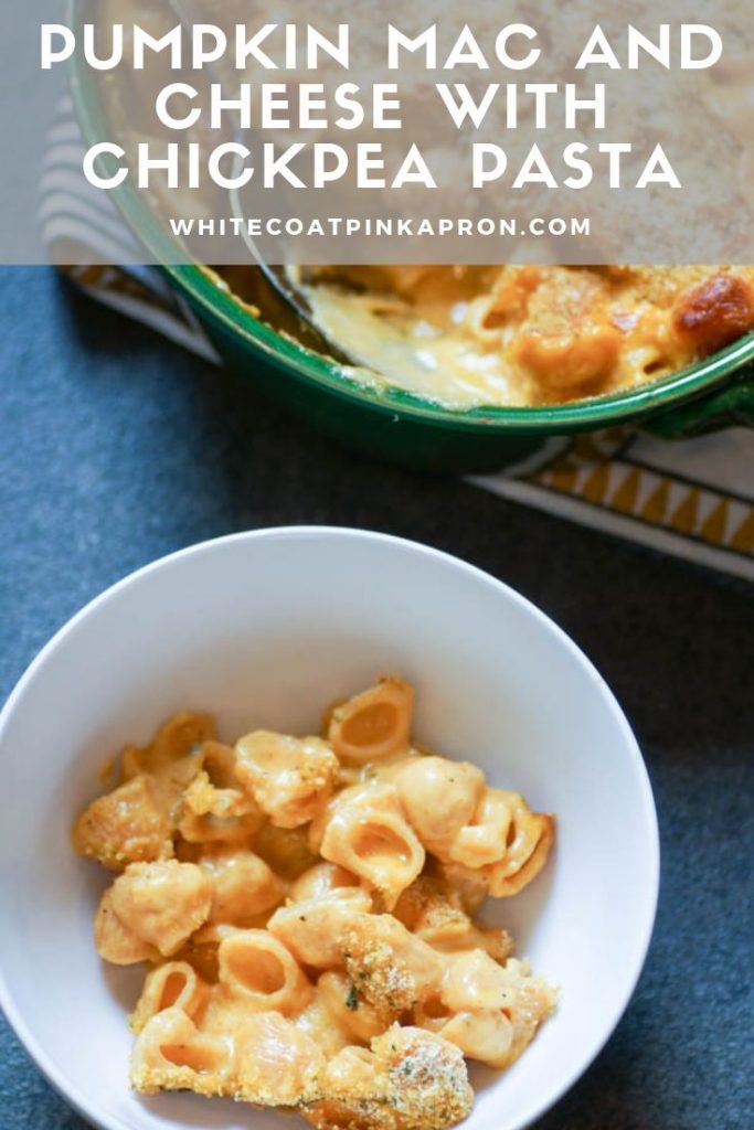 Pumpkin Mac and Cheese with chickpea pasta is an easy way to get fiber and protein into your diet with minimal effort. This recipe is just as creamy and cheesy as regular mac and cheese, but with the benefit of added nutrients from chickpeas and pumpkin. #whitecoatpinkapron #pumpkinmacandcheese #chickpeapastamacandcheese