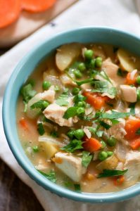 Easy Chicken Pot Pie Soup is a lightened up, stovetop version of the classic chicken pot pie. Full of hearty chicken and veggies, it will only take 30 minutes to get on the table.