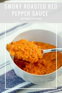 Smoky Roasted Red Pepper Sauce is the perfect way to add flavor to almost anything. Made of roasted vegetables and smoked paprika, it's sweet with a hint of smokiness. This sauce pairs well with meat, pork, chicken, vegetables, and even works well as a salad dressing! #Vegetarian #veganoption #gluten-free #dairy-free.