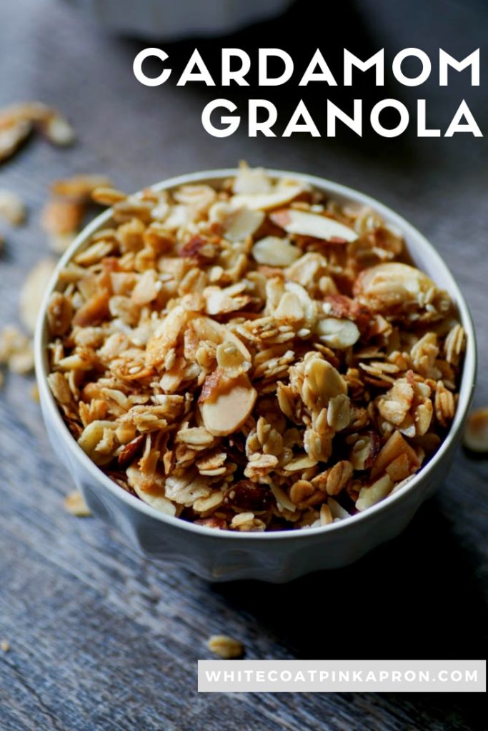 Cardamom Granola is a warm, bright, nutty granola that doubles as a hearty breakfast or tasty snack. #granola #breakfast