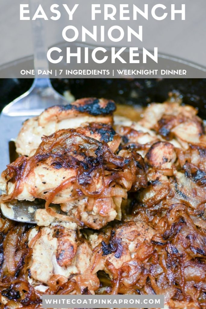 Easy French Onion Chicken tops juicy chicken thighs with sweet and savory caramelized onions. One pan, 7 ingredients, weeknight dinner. #onepan #weeknightmeal #easydinner #frenchonion