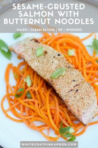 Sesame Crusted Salmon With Butternut Noodles is a light, healthy dish. Bursting with fresh flavor from sesame, garlic, and ginger, it requires only 7 ingredients, 15 minutes, and one pan. Whole30 compliant, paleo, gluten-free, clean eating. #salmon #cleaneating #gf #paleo #whole30