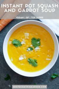 Squash and carrot soup is elevated with fragrant ginger, garlic, and spices in this vegan dish. It will only take a few easy steps in the Instant Pot to make this soup taste like it's been simmering all day. #vegan #instantpot #gf #top8free #squashsoup
