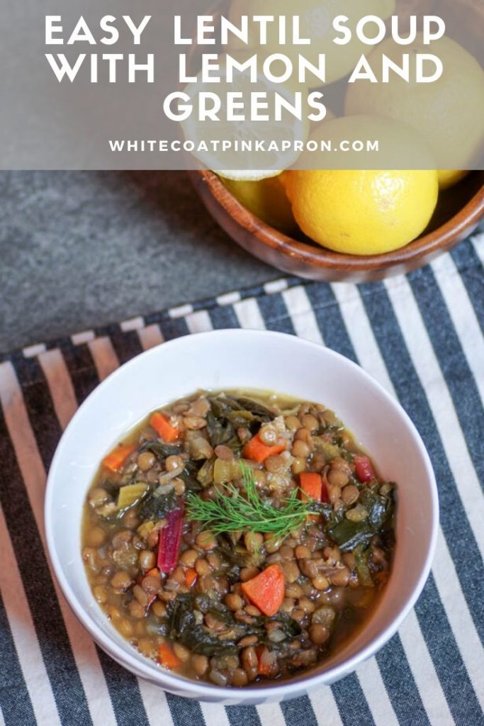 Easy Lentil Soup with lemon and greens is a hearty winter dish that will warm you through on the coldest days. #vegan #wfpb #lentilsoup #whitecoatpinkapron